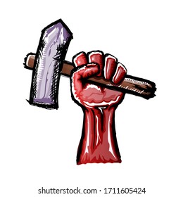 Protesta roja vectora sosteniendo martillo aislado de fondo blanco. 1 puede Ilustración conceptual del Día del Trabajo con puño de doodle dibujado a mano con martillo de paja
 en el aire.  Plantilla de diseño de banderín gráfico de Mayday