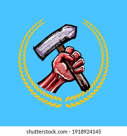 Protesta roja vectora sosteniendo un martillo aislado de fondo azul. 1 may Concepto ilustrativo del Día del Trabajo con puño de doodle dibujado a mano con martillo de garra
 en el aire.  Plantilla de diseño de banners gráficos de Mayday