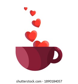 vector red purple cup with love symbol evaporating up into the air. illustration of love in the morning, enjoying coffee, a cup of love.