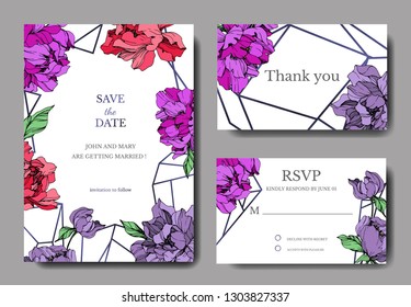Vector Red and purple peony botanical flower. Wild spring leaf wildflower isolated. Engraved ink art. Wedding background card floral decorative border. Elegant card illustration graphic set banner.