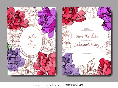 Vector Red and purple peony botanical flower. Wild spring leaf wildflower isolated. Engraved ink art. Wedding background card floral decorative border. Elegant card illustration graphic set banner.