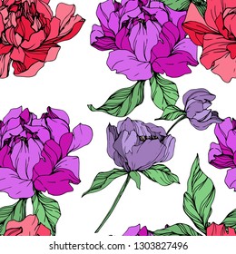 Vector Red and purple peony floral botanical flower. Wild spring leaf wildflower isolated. Black and white engraved ink art. Seamless background pattern. Fabric wallpaper print texture.