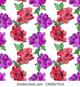 Vector Red and purple peony floral botanical flower. Wild spring leaf wildflower isolated. Black and white engraved ink art. Seamless background pattern. Fabric wallpaper print texture.