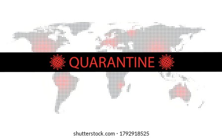 Vektorrotes Quarantänezeichen mit covid-19 Symbolen auf schwarzer Linie auf halftone Kartenhintergrund. Schwerpunktbereiche mit roter Farbe auf Länder.