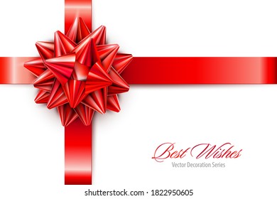 Vector Red Realistic Bow with Ribbons Isolated on White Background. Decorative design element for gift package, present. Christmas, New Year holidays, Birthday template