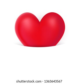 Vector red realistic heart isolated on white background.  Valentine romantic greeting card with copy space, symbol of love, wedding invitation.
