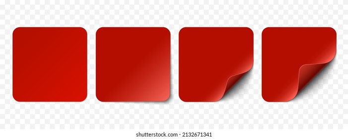 Vector Red Realistic Paper Stickers, Sell Tags Isolated On White Background. Set Of Square Stickers Curved With Red Corner And Soft Shadows. 3D Illustration For Your Design.