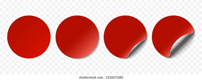 Vector red realistic paper stickers, sell tags isolated on white background. Set of round stickers curved with silver corner and soft shadows. 3D illustration for your design.