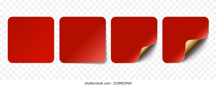 Vector Red Realistic Paper Stickers, Sell Tags Isolated On Transparent Background. Set Of Square Stickers Curved With Golden Corner And Soft Shadows. 3D Illustration For Your Design.