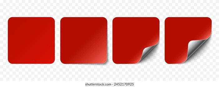 Vector red realistic paper stickers, sell tags isolated on transparent background. Set of square stickers curved with silver corner and soft shadows. 3D illustration for your design.