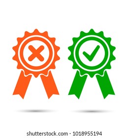 Vector - Red rejected or certified medal icon in a flat design and vector green approved certificate icon on grey background. Certified Seal Icon