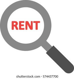 Vector red rent text inside grey and black magnifying glass.