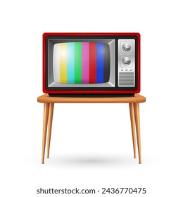 Vector Red Retro TV Set on the Wooden Table, Isolated, Front View. Vintage TV Design Template. Classic Retro TV Receiver with Test Chart