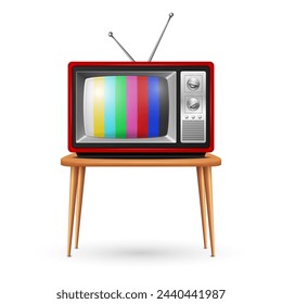 Vector Red Retro TV Set on the Wooden Table, Isolated, Front View. Vintage TV Design Template. Classic Retro TV Receiver with Test Chart