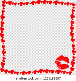 Vector red retro vintage border photo frame of hearts with kiss mark silhouette on transparent background, template with copy space for Valentines day, wedding invitation, scrapbook element, bordering