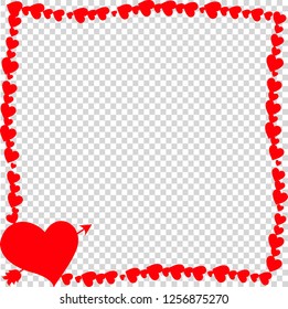Vector red retro vintage border photo frame made of hearts with arrow pierced heart silhouette in corner isolated. Scrapbooking template with copy space for Valentines day, dating invitation, flyer