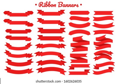 Vector red ribbon banner set. Flat red ribbon for promotion, discount label in product sales.