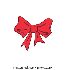 Vector red ribbon bow. Hand drawn simple illustration for Easter xmas birthday, Valentines Day, wedding, holiday, gift, girl, baby. Element of design, clip art