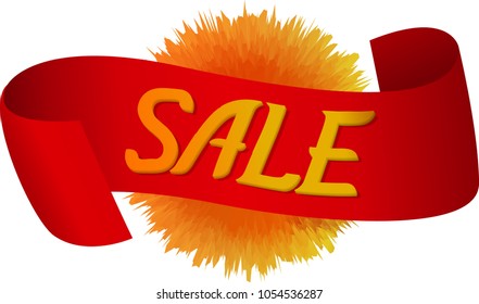 Vector red ribbon with golden label Sale and flower dandelion on white background