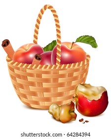Vector. Red ripe apples with cinnamon in the basket.