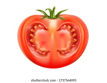 Vector red ripe tomato sliced half with seeds. 3d juicy raw vegetable for healthy eating product packaging. Fresh vegeterian ingredient, organic food.