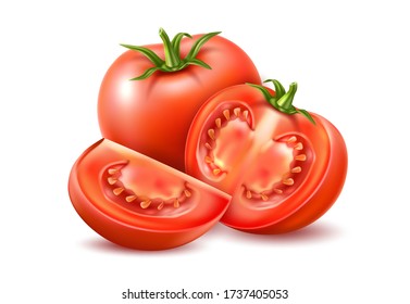 Tomate vectorial rojo maduro entero y cortado en rodajas. 3 quinquies verduras crudas para el envasado de productos alimenticios saludables. Ingrediente vegetal fresco, comida orgánica.