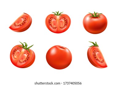 Vector red ripe tomato whole and sliced set. 3d juicy raw vegetables for healthy eating product packaging. Fresh vegeterian ingredient, organic food.