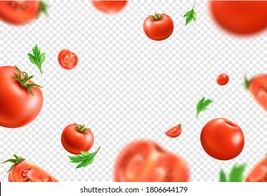 Vector red ripe tomato whole and sliced seamless pattern. 3d juicy raw vegetables for healthy eating product packaging. Fresh vegeterian ingredient, organic food.