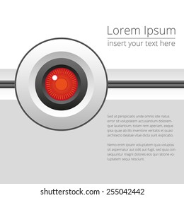 Vector red robotic eye or camera on light background, design elements for web page, poster or presentation. EPS 8.