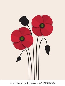 Vector red romantic poppy flowers and grass