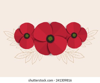 Vector red romantic poppy flowers and grass