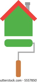 Vector red roofed orange house with green roller paint brush.