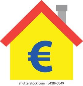 Vector red roofed yellow house icon with blue euro symbol