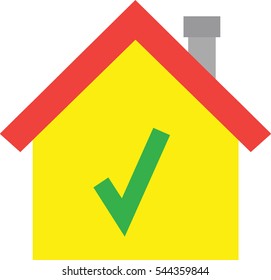 Vector red roofed yellow house icon with green check mark symbol