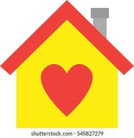 Vector red roofed yellow house icon with red heart symbol