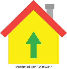 Vector red roofed yellow house icon with green arrow pointing up.