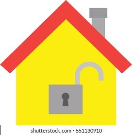 Vector red roofed yellow house icon with open grey lock symbol