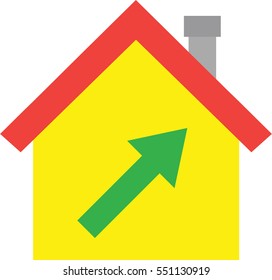Vector red roofed yellow house icon with green arrow pointing up.