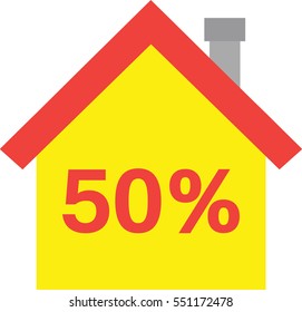 Vector red roofed yellow house icon with red 50 percent.