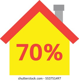 Vector red roofed yellow house icon with red 70 percent.