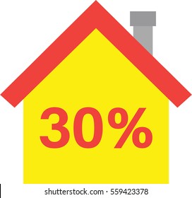Vector red roofed yellow house icon with red 30 percent.
