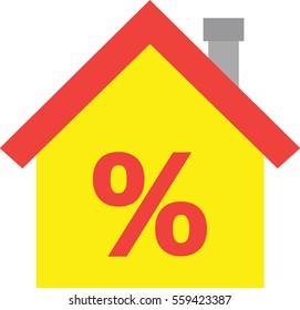 Vector red roofed yellow house icon with red percent symbol