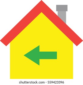Vector red roofed yellow house icon with green arrow pointing left.