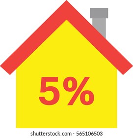 Vector red roofed yellow house icon with red 5 percent.