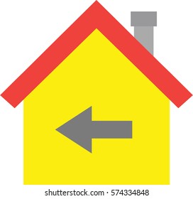 Vector red roofed yellow house icon with grey arrow pointing left.