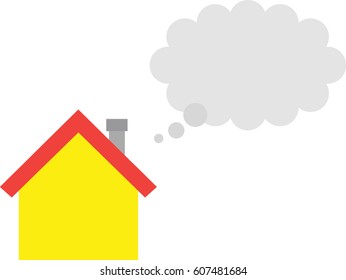 Vector red roofed yellow house icon with grey blank thought bubble.