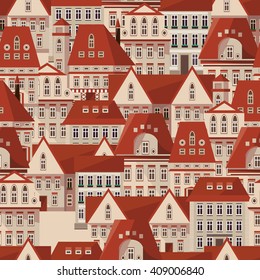 Vector red roofs seamless pattern. Modern town houses panorama. Vector city Prague Czech Republic seamless background for your design. Can be used for card, poster, print. Prague seamless texture