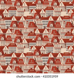 Vector red roofs seamless pattern. Modern town houses panorama. Vector city Prague Czech Republic seamless background for your design. Can be used for card, poster, print. Prague seamless texture