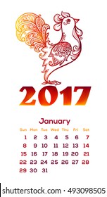 Vector red rooster in hand drawn doodle style with 2017 year one month calendar grid