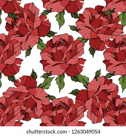 Vector Red rose. Floral botanical flower. Engraved ink art. Seamless background pattern. Fabric wallpaper print texture on white background.